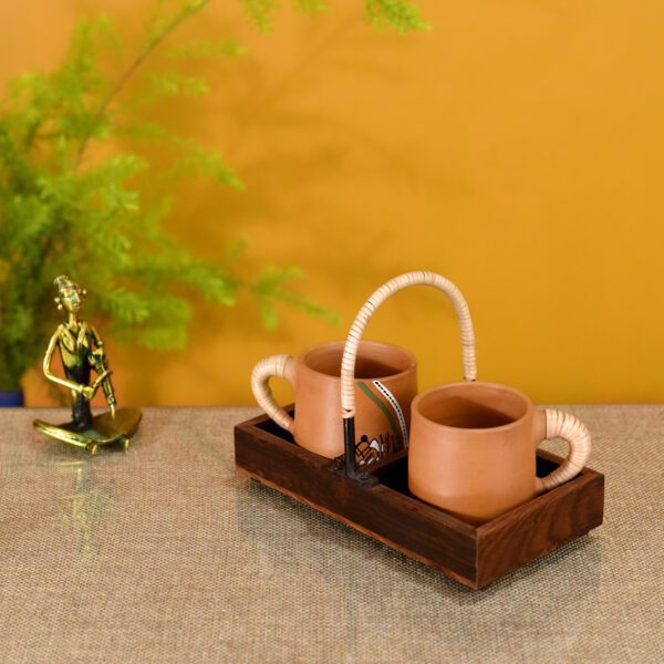 Happy Morning Earthen Cups with Cane Embellished Tray