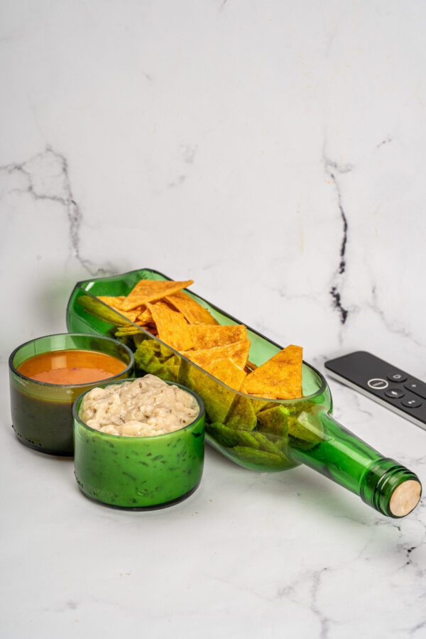 Stylish Serving platter from upcycled bottle & 2 Dip Bowls -Green