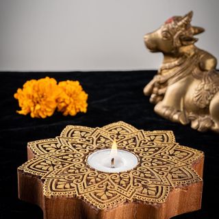 Handcrafted Sheesham Wood Block Lea Lights Holder - Offwhite Mandala