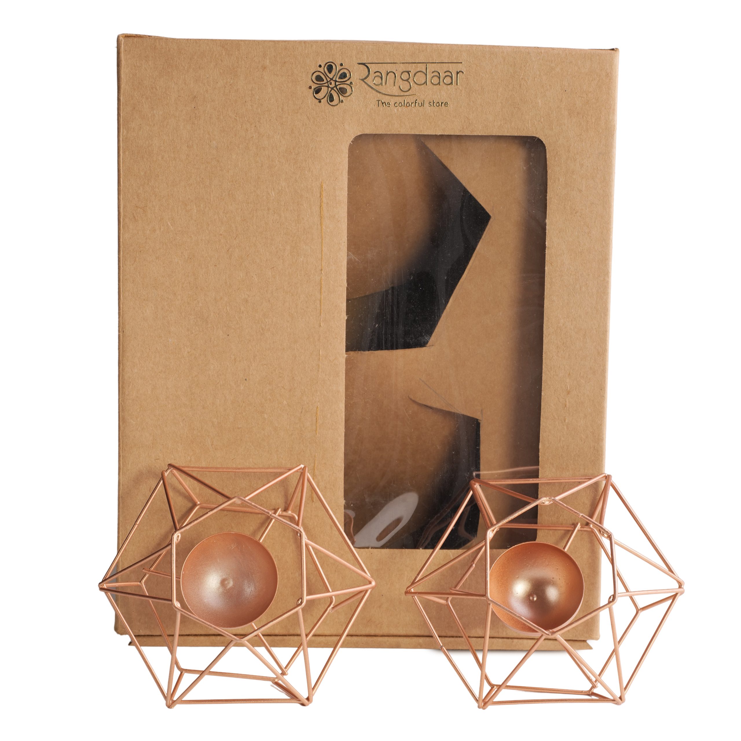 Hexagonal Tea Light Holder(Set of 2- Rose Gold) -2